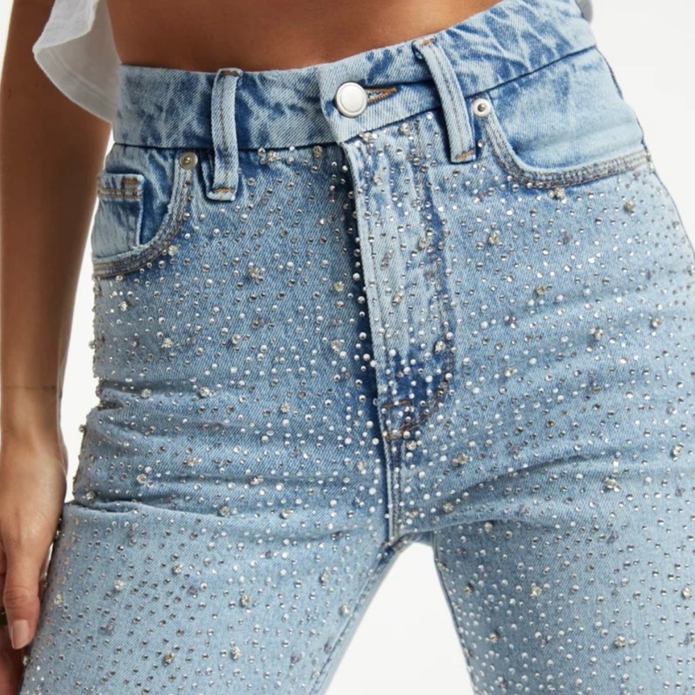 (New) Good American - Icon High-Rise Rhinestone Embellished Straight Jeans